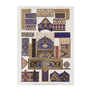 An arrangement of Persian decorative motifs in rich blues and browns with ornate detail